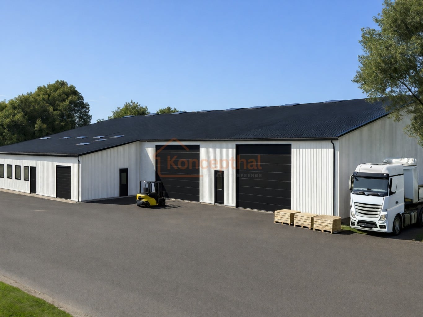 Hvid lagerhal med sorte porte